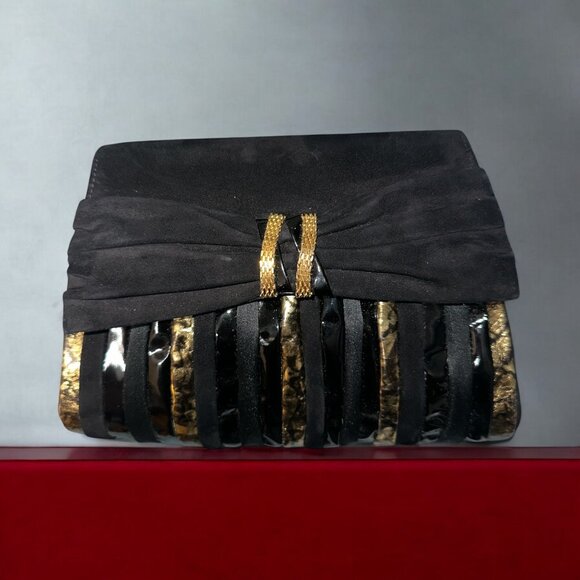 Bycks Evening Bag Black Velvet Clutch Gold Striped Front Bow Shoulder VTG 80s - Picture 1 of 8